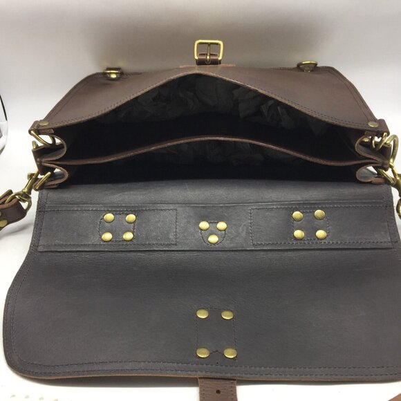 Briefcase Laptop Messenger LUX Quality Brass Handmade Brown Leather 16x12 NEW - Picture 3 of 10